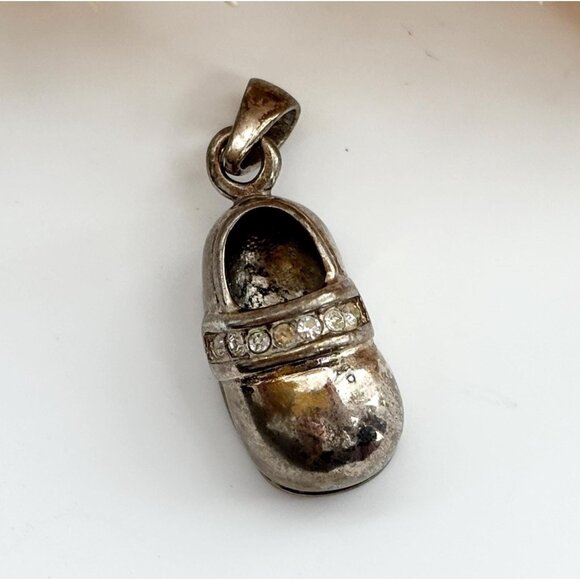 Children's Shoe Silver Toned Rhinestone Accented Vintage Pendant | Charm - Picture 1 of 9